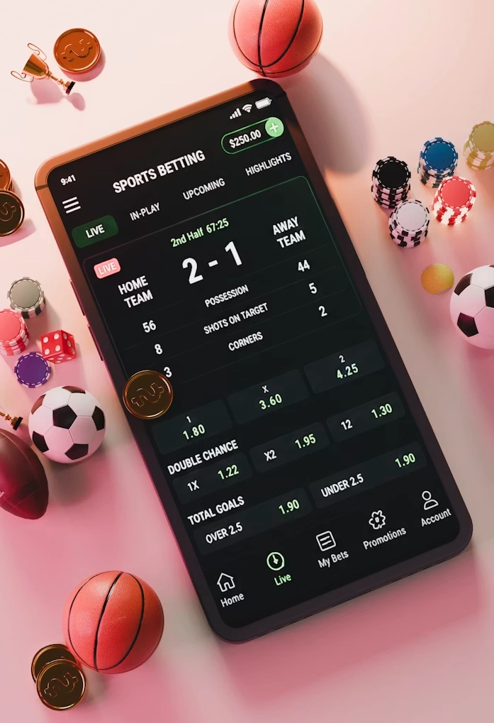 Sportsbetting-app på smarttelefon med sportsutstyr