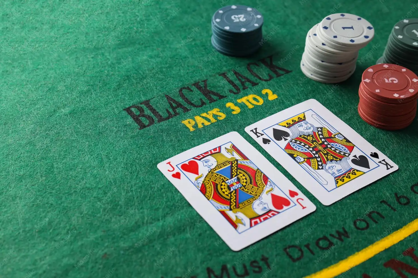 Blackjackbord med kort og kasinosjetonger